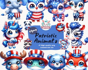 4th of July Animals Clipart Bundle, Watercolor Patriotic Animals, Memorial Day Png, Veteran day clipart, Fourth of July Png, American animal