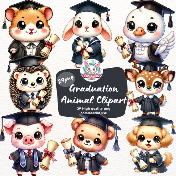 Graduation Animals Clipart, School Graduation Animals, Watercolor Cute Academic Celebration Nursery, School Diploma, Safari Animals clipart