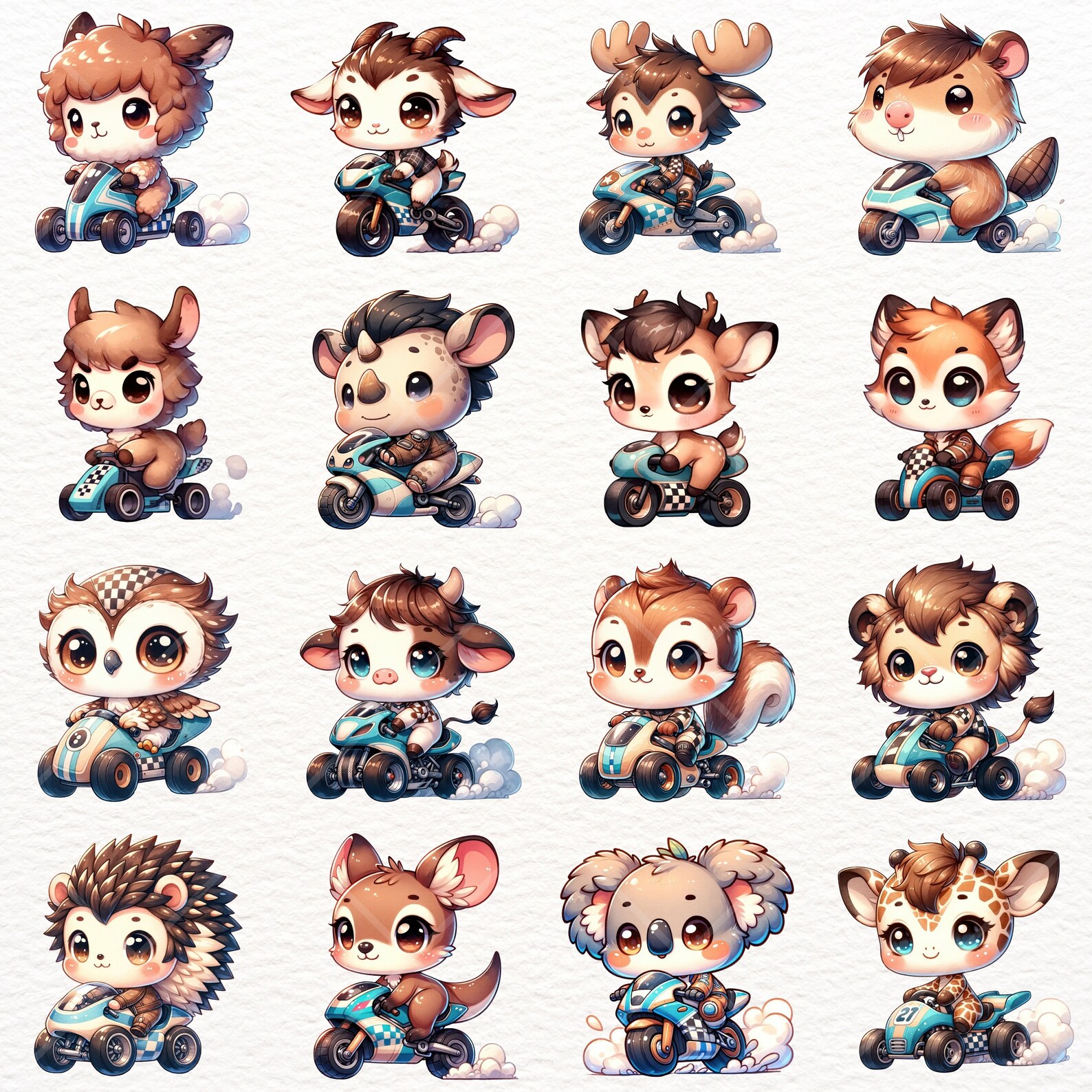 Cute Animals Racing Clipart, Watercolor Clipart, Baby Animal Png, Chibi ...