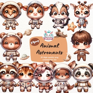 Clipart de astronauta animal, clipart de astronauta fofo, clipart de espaço fofo em aquarela, berçário de animais para bebês, clipart de aniversário espacial, foguete OVNI png