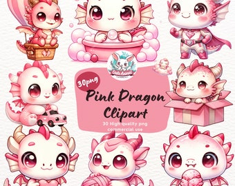 Pink Dragon watercolor clipart bundle, cute dragon PNG, Baby Dragon, Fantasy clipart, Little Dragon, nursery decor, girl dragon party