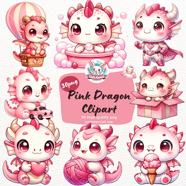 Pink Dragon watercolor clipart bundle, cute dragon PNG, Baby Dragon, Fantasy clipart, Little Dragon, nursery decor, girl dragon party