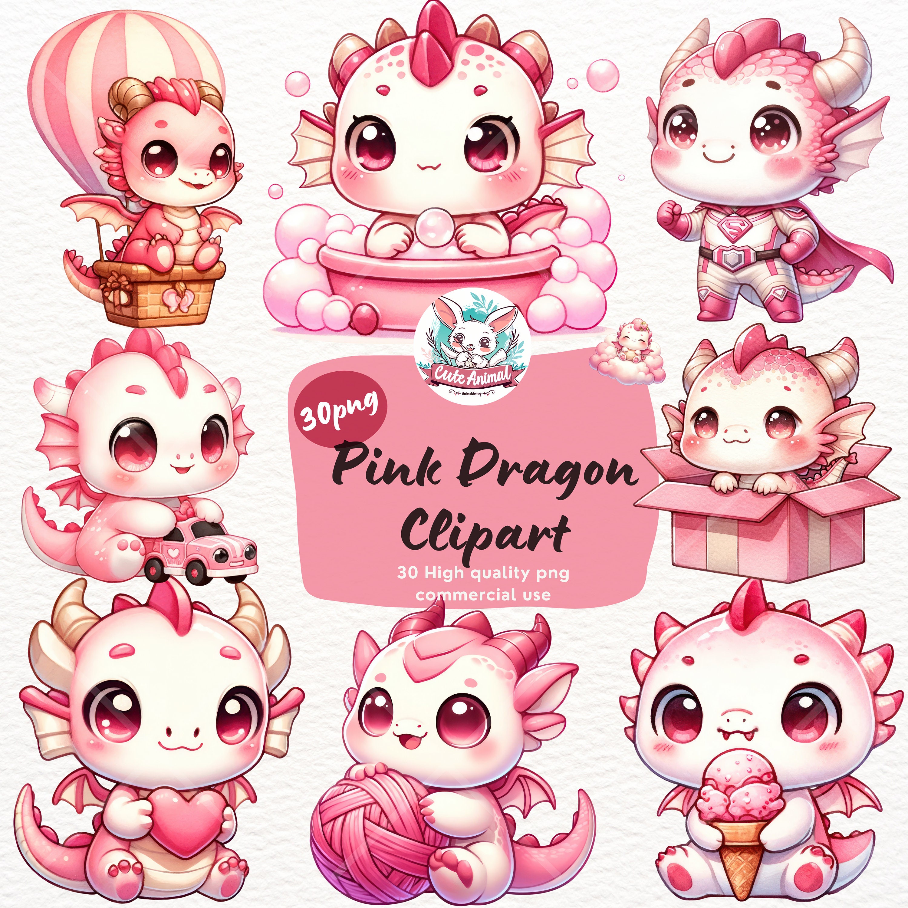 ピンクのドラゴンの水彩画のクリップアート バンドル、かわいい