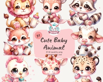 Baby Animals with Baby Bottle Clipart, Chibi Clipart, Watercolor Clipart, Baby Animal Nursery, Adorable Birthday Animal, Baby Shower Png