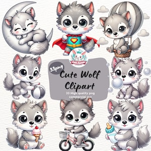 Wolf Clipart, Aquarell, süsser Wolf Clipart, Wolf Illustration für Kinderzimmer Dekor, niedlicher Wolf Png, Waldtier Png, Geburtstag Baby-Dusche Png