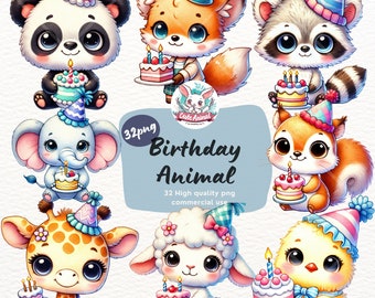 Watercolor Birthday Animals Clipart: Party Hats, Cake (Digital Download)