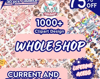May include: A pink and blue graphic with the text "Whole Shop" in blue and white. The graphic features a variety of cute animal illustrations, including a rabbit, a cat, a dog, and a unicorn. The text "1000+ Clipart Design" is also included in the graphic. The graphic also includes the text "Only 30 pcs/month" and "75% OFF".
