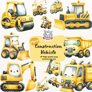 Süße Baufahrzeug Clipart, Aquarell Clipart, Kinderzimmer Clipart, Bulldozer Betonmischer Kran LKW png, süßes Fahrzeug Spielzeug für Kinder