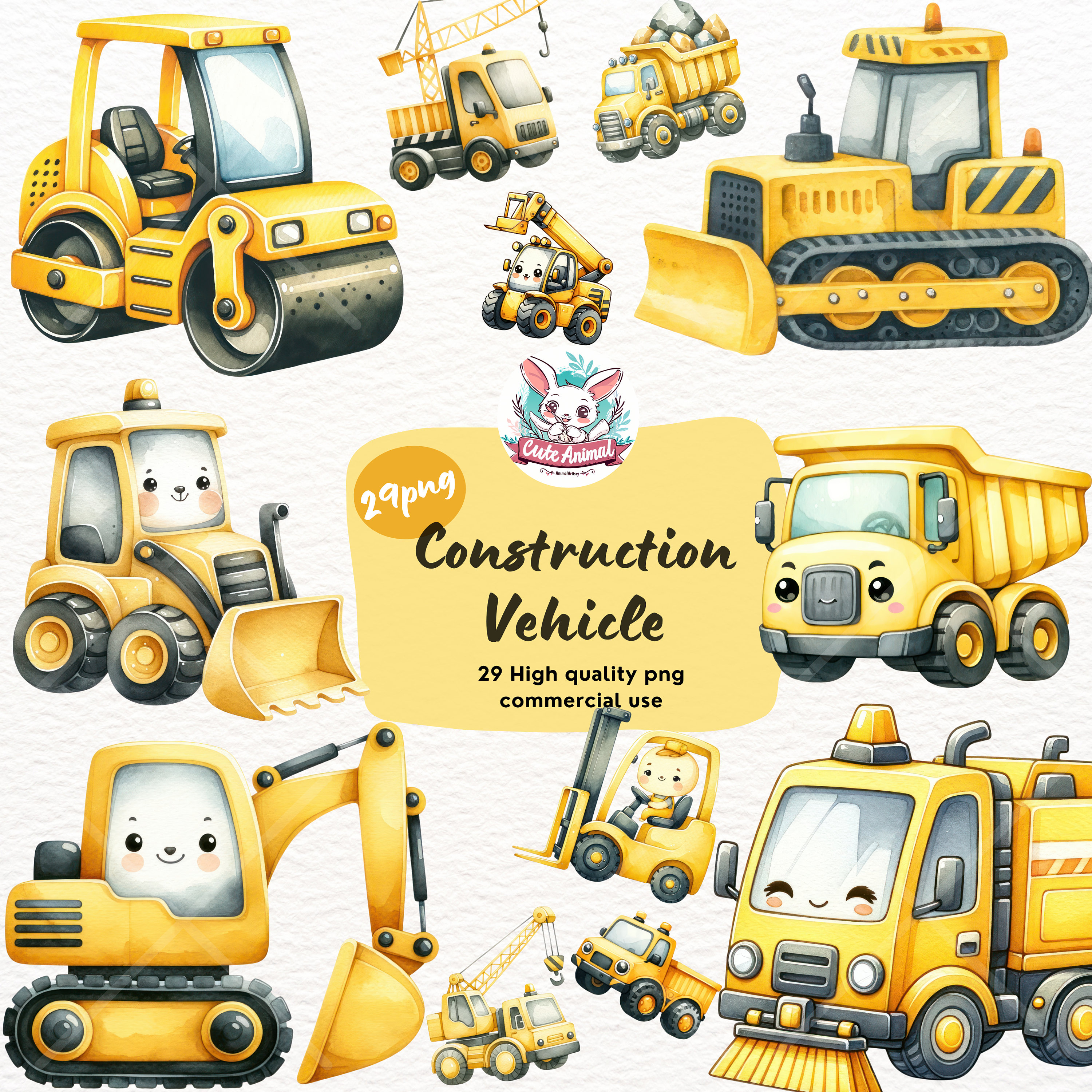 Cute Construction Vehicle Clipart, Watercolor Clipart, Nursery Clipart