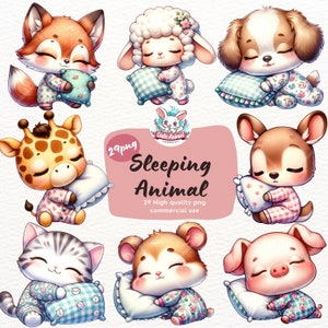 Sleeping animals clipart, watercolor sleepy animals, cute animals clipart, baby safari animals png, animal pajamas, jungle animals png