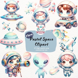 Watercolor space clipart Bundle, Astronaut clipart, planet Clipart, ufo png, spaceship png, Nursery clipart, Baby Astronaut, pastel clipart
