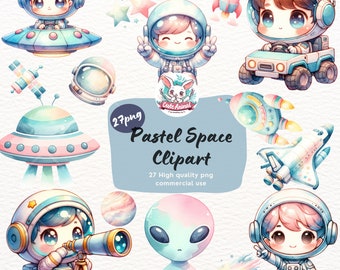 Pacchetto di clipart spaziali ad acquerello: astronauti, pianeti, UFO (download digitale)