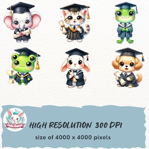May include: Six cute cartoon animals wearing graduation caps and gowns, holding diplomas. The animals are a frog, a cat, a dog, a rabbit, and an elephant. The background is a light blue watercolor wash.