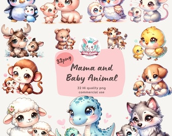 Mama and Baby animal Clipart, Watercolor clipart, Chibi clipart, Baby Shower, Mama Clip Art, Mom Gift, Cute Animal Png, Commercial Use