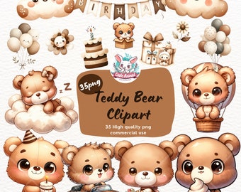 Watercolor Teddy Bear Clipart Bundle: Birthday Party, Nursery Decor (PNG)