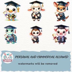 May include: Six adorable cartoon animals wearing graduation caps and gowns. The animals are a duck, a sheep, a kangaroo, a turtle, a monkey, and a pig. Each animal is holding a diploma scroll.