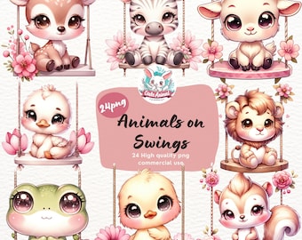 ブランコに乗る水彩画の赤ちゃん動物のクリップアート：子供部屋の装飾（デジタルダウンロード）