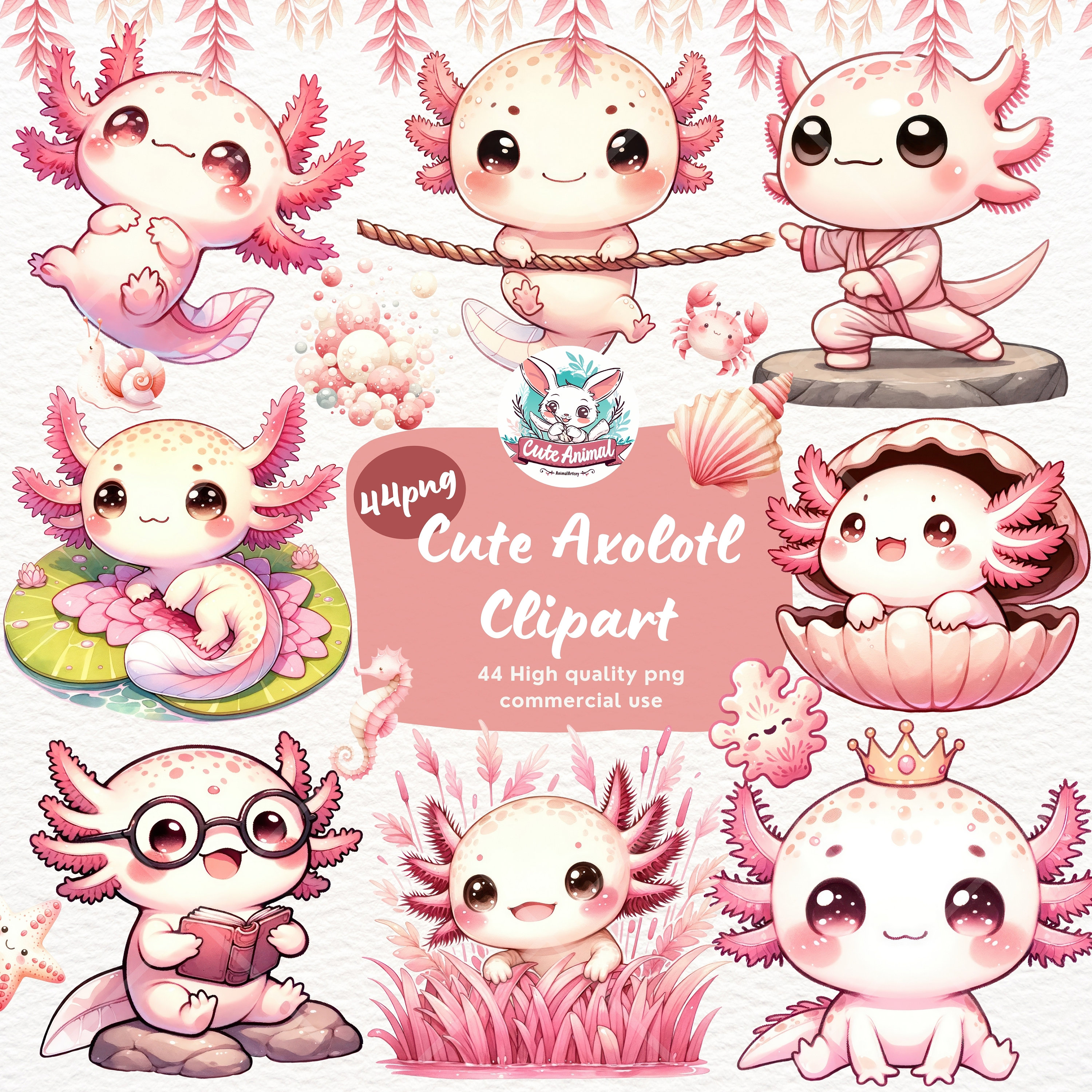Cute Axolotl Clipart, Sea Animal clipart, baby animal, animal nursery decor, Card Making, Axolotl PNG, baby animals, baby shower clipart.