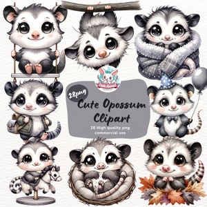 Pacote de clipart de gambá fofo, clipart aquarela, gambá png, clipart de animais fofos, clipart de animais da floresta, clipart de chá de bebê da floresta