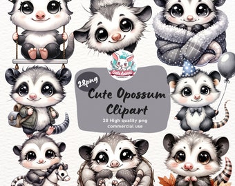 Cute Opossum Clipart Bundle, watercolor clipart, opossum png, cute animal clipart, woodland animals clipart, Woodland Baby Shower Clipart