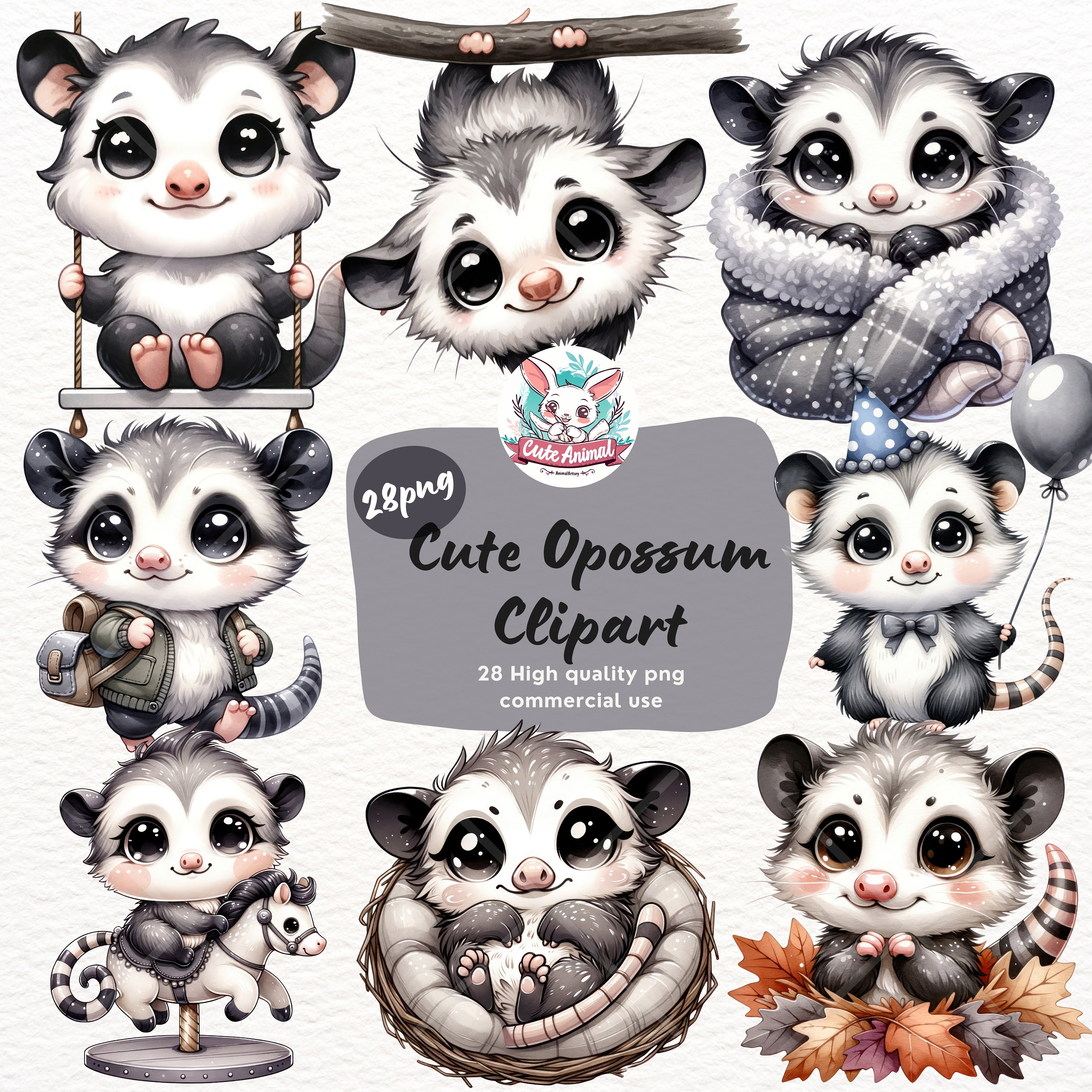 Cute Opossum Clipart Bundle, Watercolor Clipart, Opossum Png, Cute ...