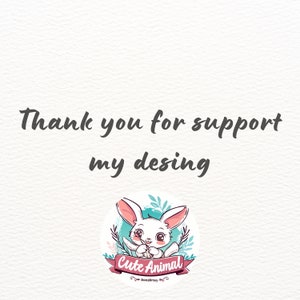 May include: Thank you for supporting my design. A white rabbit with pink ears and a pink nose is holding a pink flower. The rabbit is surrounded by green leaves and a pink ribbon with the text "Cute Animal" in white letters. The text "AnimalStory" is written in smaller white letters below the ribbon.