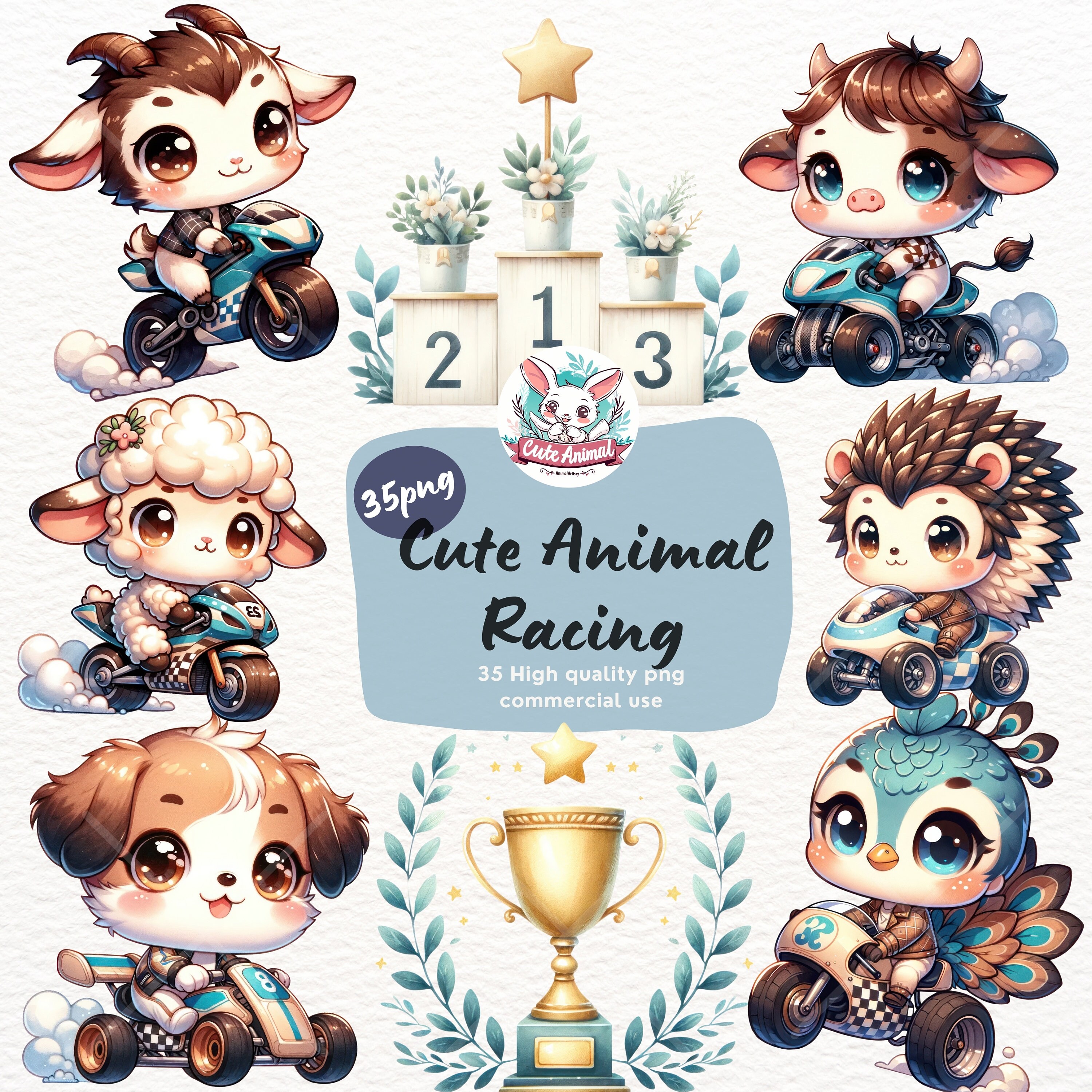 Cute Animals Racing Clipart, Watercolor Clipart, Baby Animal Png, Chibi ...