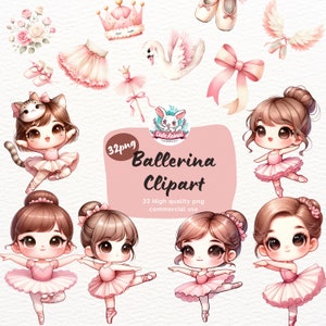 Könnte beinhalten: Ein Set mit 32 digitalen Clipart-Bildern mit niedlichen Ballerina-Mädchen mit rosa Tüllröcken und braunen Haaren. Die Bilder sind im Cartoon-Stil gehalten und eignen sich perfekt für die Verwendung in digitalem Scrapbooking, Kartenherstellung und anderen kreativen Projekten.