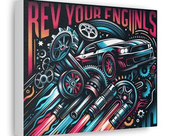 Muscle Car Power Surge - Dynamic Art Print of Classic Cars and Engine Parts