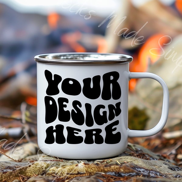 Enamel Mug Mockup 12oz Enamel Camp Mug Mockup Enamel Camping Mug Mockup In Nature Silver Steel Rim Tip And Inside Campfire Background PNG