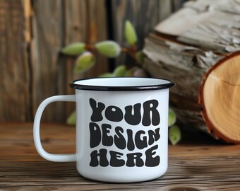 12oz Enamel Mug Mockup In nature woods outdoors, Metal Cup With Black Rim for Print On Demand Image Download, Enamel Camp Cup