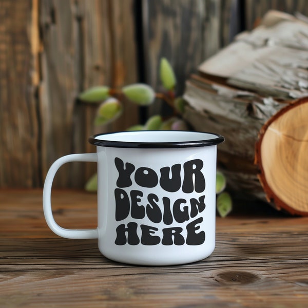 12oz Enamel Mug Mockup In nature woods outdoors, Metal Cup With Black Rim for Print On Demand Image Download, Enamel Camp Cup