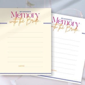 Tarjetas del Recuerdo Favorito de la Novia - 100% EDITABLE - Juegos para despedidas de soltera - Plantilla + Imprimibles con fondos blancos y de colores.