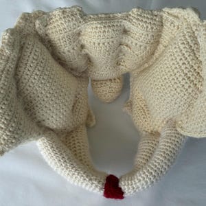 Peut inclure: Un modèle anatomique de bassin crocheté, de couleur crème. Le modèle est détaillé avec les différentes structures du bassin, dont l'ilium, l'ischium et le pubis. Un petit cœur rouge est au bas du modèle.