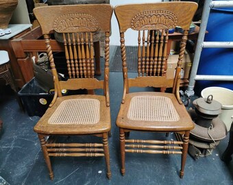 Antique Beech, Cane Chair spindle back chairs x 2