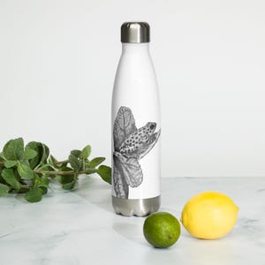 Botella de agua de acero inoxidable con forma de rana dardo venenosa y puntillismo