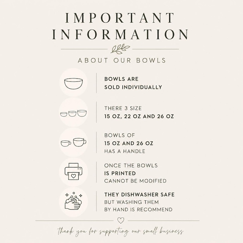 May include: An informational graphic titled IMPORTANT INFORMATION ABOUT OUR BOWLS. It lists that bowls are sold individually in 15 oz, 22 oz, and 26 oz sizes. It notes 15 oz and 26 oz bowls have handles, are dishwasher safe, and cannot be modified.
