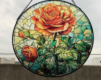 Roses stained glass Suncatcher for Window hanging Art Deco gifts for roses and flowers lovers wall hanging decorative gift ideas