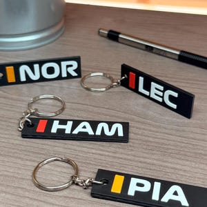 May include: A collection of black keychains with silver keyrings. Each keychain has a different three-letter word in white text with a colored stripe: NOR, LEC, HAM, and PIA. A pen and a small metal pot with greenery are also visible.