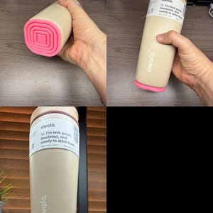 K&ouml;nnte beinhalten: Eine beige Owala-Isolierflasche mit rosa Boden und Rand. Die Flasche hat einen braunen Deckel und ein wei&szlig;es Etikett mit dem Text "Hi. I'm leak proof, insulated, and comfy to drink from."