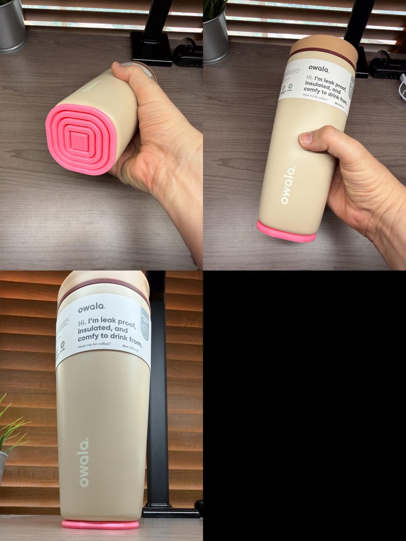 K&ouml;nnte beinhalten: Eine beige Owala-Isolierflasche mit rosa Boden und Rand. Die Flasche hat einen braunen Deckel und ein wei&szlig;es Etikett mit dem Text "Hi. I'm leak proof, insulated, and comfy to drink from."