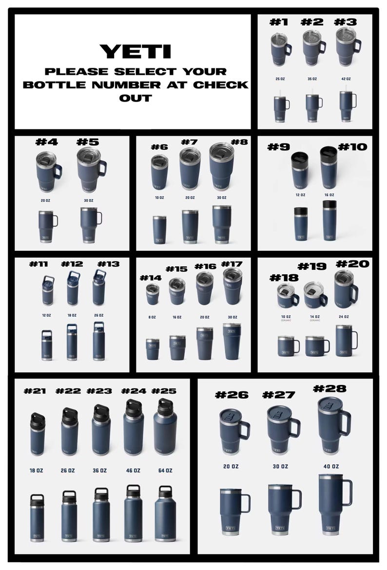 K&ouml;nnte beinhalten: Eine Produkt&uuml;bersicht von YETI-Trinkgef&auml;&szlig;en in Dunkelblau, einschlie&szlig;lich Bechern, Flaschen und Tassen in verschiedenen Gr&ouml;&szlig;en. Der Text "PLEASE SELECT YOUR BOTTLE NUMBER AT CHECK OUT" ist ebenfalls enthalten.