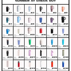 K&ouml;nnte beinhalten: Eine Auswahl an Trinkgef&auml;&szlig;en der Marke Stanley, darunter Becher, Flaschen und Kr&uuml;ge, in verschiedenen Farben und Gr&ouml;&szlig;en. Das Bild zeigt eine Auswahl an Produkten mit unterschiedlichen Merkmalen, wie z. B. Klapphalmen und Schnellverschlussdeckeln. Der Text oben lautet "BITTE W&Auml;HLEN SIE IHRE FLASCHENNUMMER BEIM CHECK-OUT."