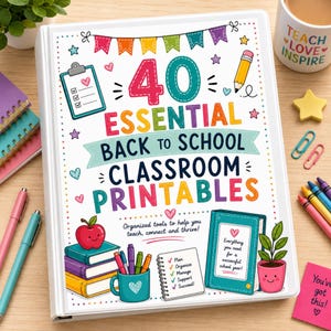 May include: A white binder cover featuring the text 40 ESSENTIAL BACK TO SCHOOL CLASSROOM PRINTABLES. The design includes colorful illustrations of a clipboard, pencil, stack of books with an apple, a mug with pens, and a notebook with a checklist.