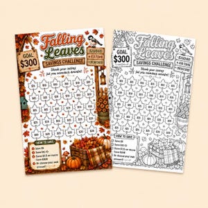 May include: Two Falling Leaves savings challenge trackers, one in full color and one in black and white. Each features a $300 goal, leaf-shaped icons with dollar amounts to shade, a bird, a lantern, and a wooden crate filled with autumn foliage.