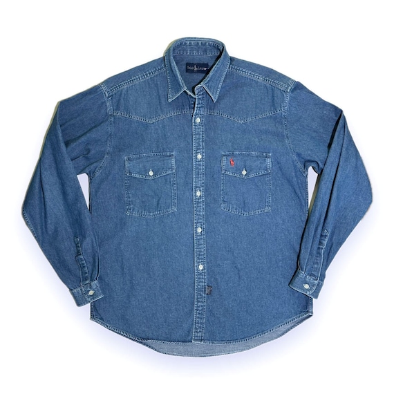1970s Ralph Lauren Western Denim Shirt Silver Speckle Label Vintage Indigo Polo RL