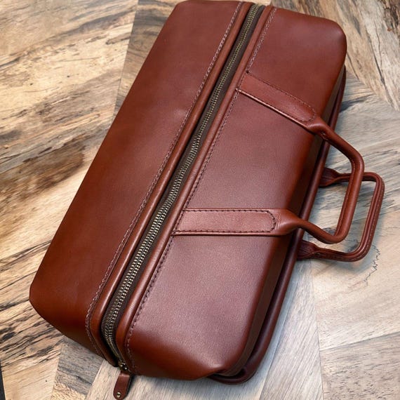 NOS 1970s Leather Dopp Kit, Charles Doppelt Steel Frame Toiletry Bag