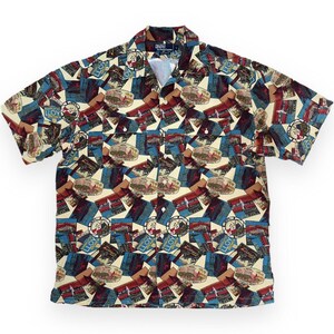 90s Vintage Polo Ralph Lauren Hawaiihemd - Herren Größe L - Postkarten & Hotels AOP - Relaxed Fit - Vintage all Viskose