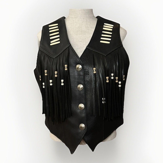 Vintage S.P. Leathers Fringe Leather Biker Vest Buffalo Nickel Beaded USA Made