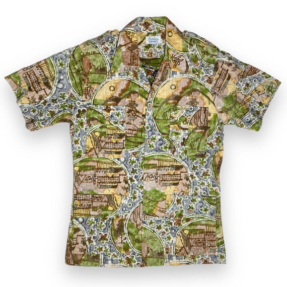 1960s Barkcloth Hawaiian Shirt Surf Line Hawaii Novelty Scenic Print Vintage Aloha M